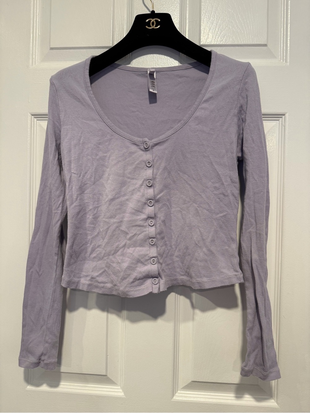 Skims Lavender Button Front Long Sleeve Pointelle Cropped Cardigan Henley Top